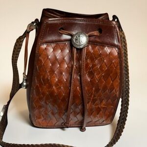 🌻VINTAGE 1993 Brighton Brown Woven Cognac Leather Drawstring Bucket Bag